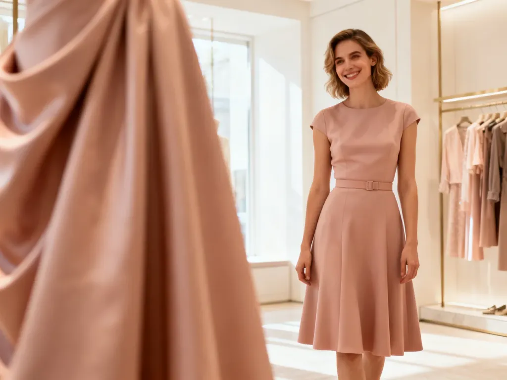 Kobieta w eleganckiej sukience o kroju litery A, która optycznie wysmukla sylwetkę i podkreśla talię.