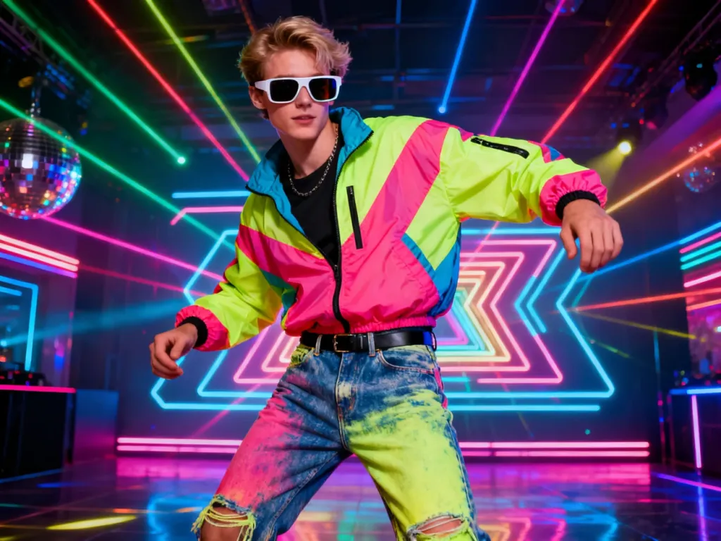 Mężczyzna w neonowej wiatrówce i jeansach w stylu lat 80. pozuje na tle kolorowego parkietu dyskotekowego.