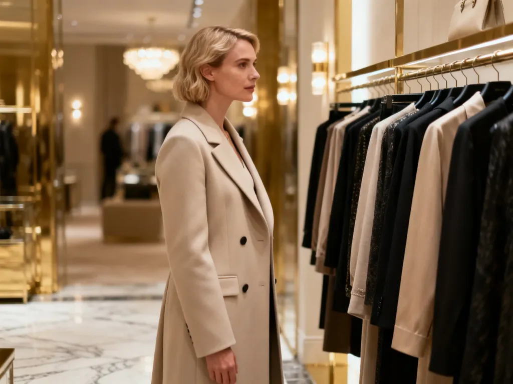 Elegancka kobieta w minimalistycznym płaszczu przegląda kolekcję ubrań w luksusowym polskim atelier mody.