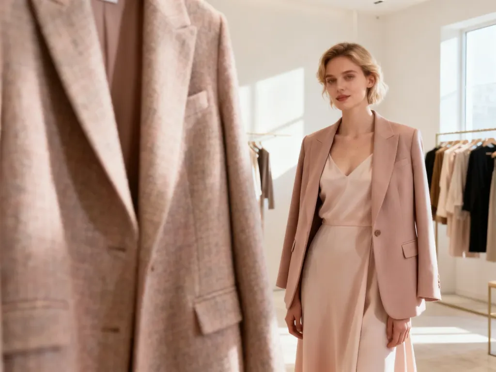 Elegancka kobieta w sukience i dopasowanej marynarce w minimalistycznym butiku, prezentująca modną stylizację.