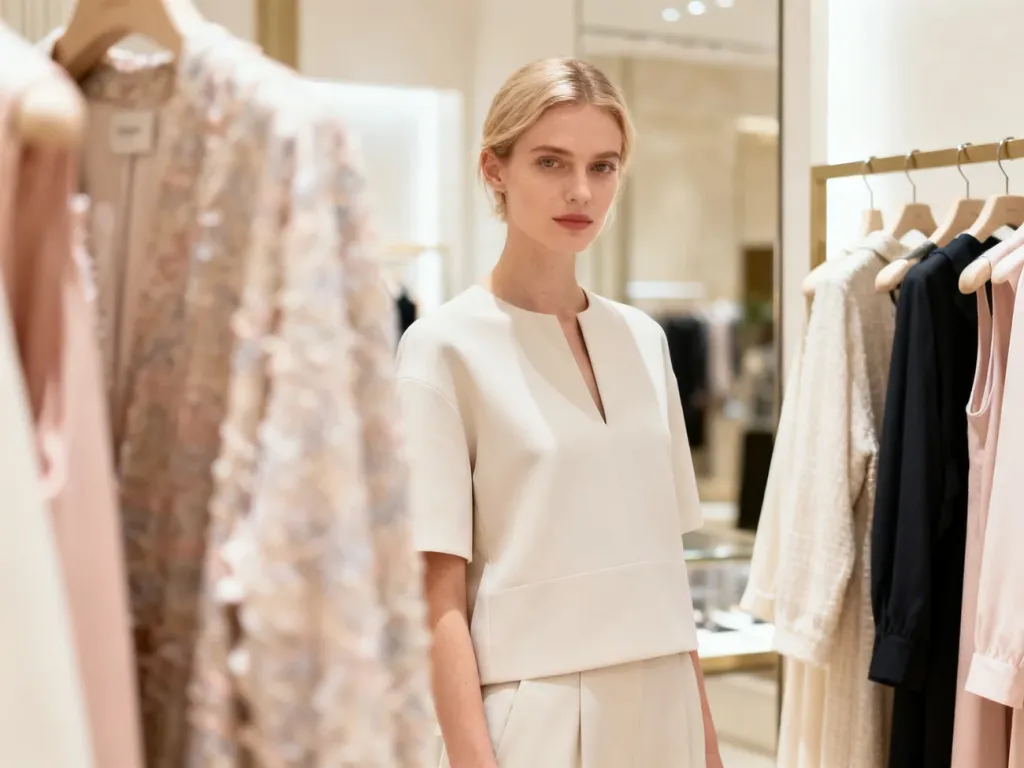 Stylowa kobieta w minimalistycznym stroju w eleganckim butiku z odzieżą polskich marek.