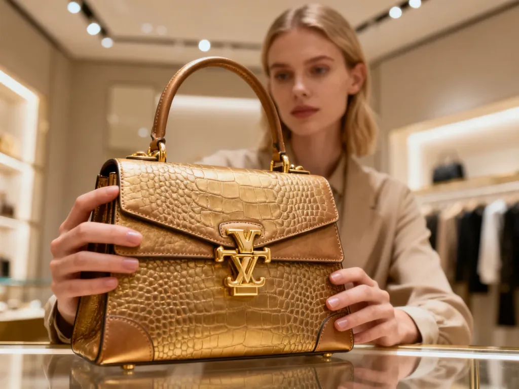 Elegancka kobieta prezentująca luksusową torebkę Louis Vuitton z dbałością o detale wykonania w ekskluzywnym butiku.