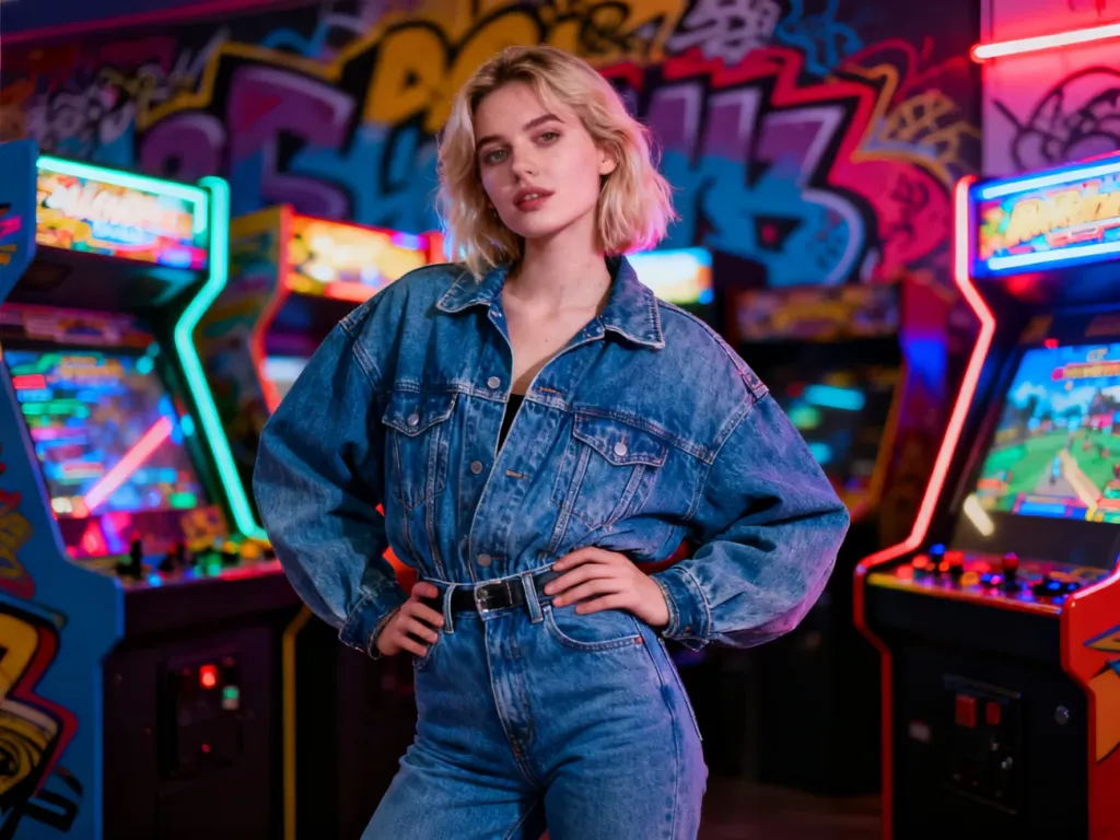 Kobieta w stylu lat 90. ubrana w jeansową kurtkę oversize i spodnie typu mom jeans, pozująca w neonowym salonie gier.