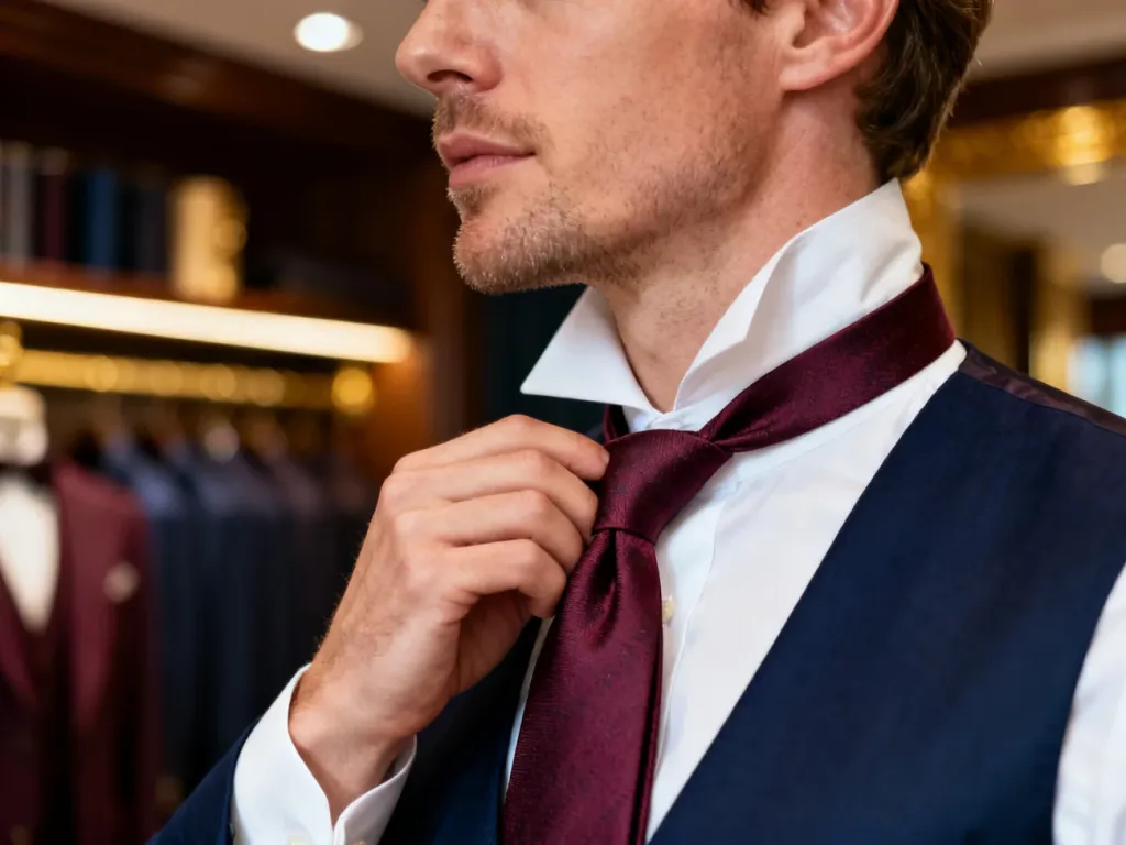 Elegancki mężczyzna poprawiający jedwabny krawat przy białej koszuli w tle stylowego zakładu krawieckiego.
